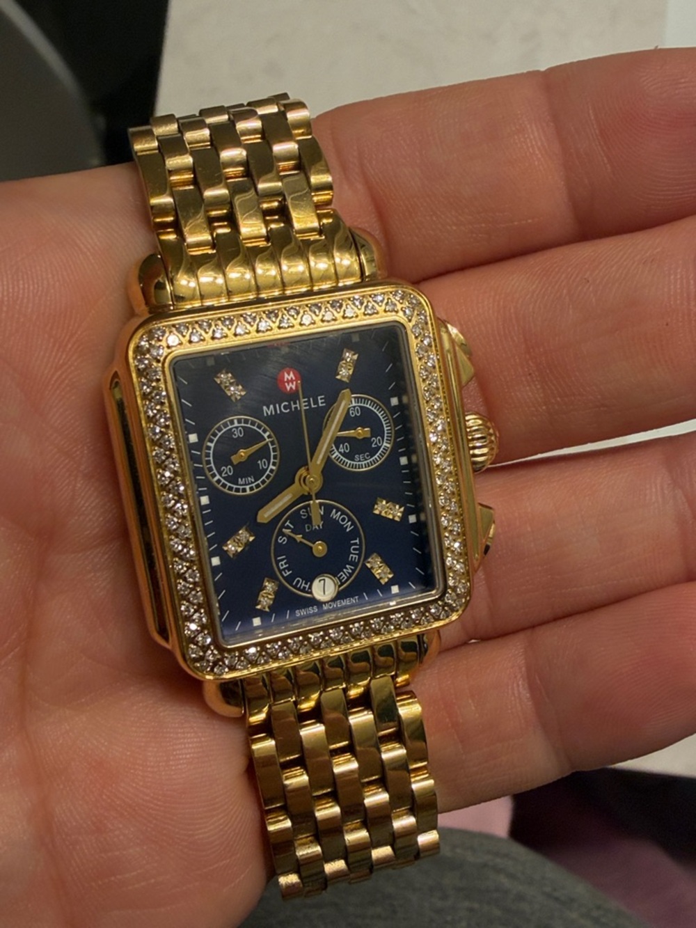 Michele Gold Bracelet Watch with Blue Dial and Diamond Bezel - Picture 7 of 7